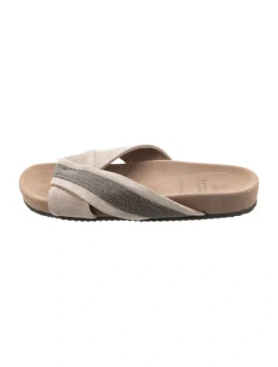 Pre-owned Brunello Cucinelli Suede Beaded Accents Slides In Neutral