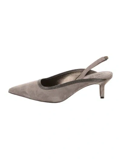 Pre-owned Brunello Cucinelli Suede Beaded Accents Slingback Pumps In Grey