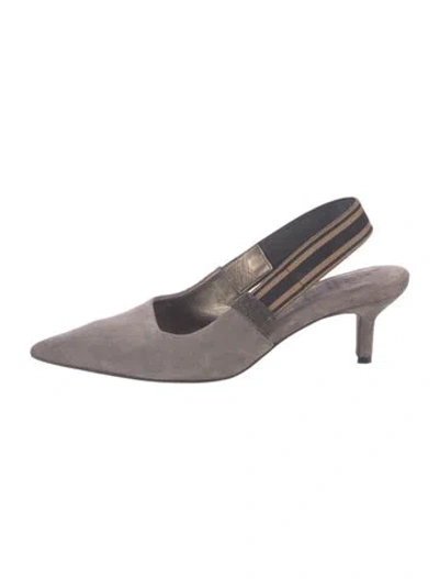 Pre-owned Brunello Cucinelli Suede Beaded Accents Slingback Pumps In Grey