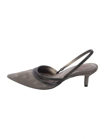 Pre-owned Brunello Cucinelli Suede Beaded Accents Slingback Pumps In Grey