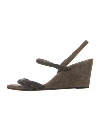 Pre-owned Brunello Cucinelli Suede Beaded Accents Slingback Sandals In Gray