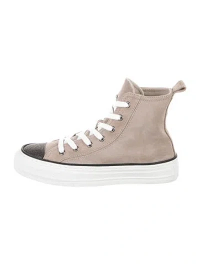 Pre-owned Brunello Cucinelli Suede Beaded Accents Sneakers In Neutral