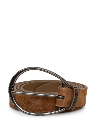 Brunello Cucinelli Suede Belt With Jewellery In Cognac