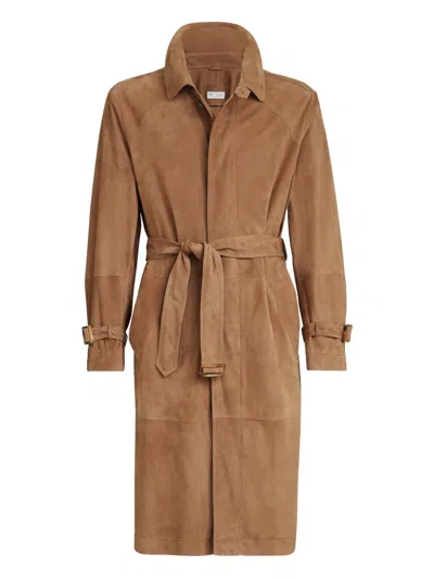 Brunello Cucinelli Suede Belted Coat In Brown