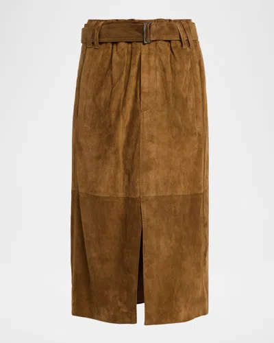 Brunello Cucinelli Suede Belted Midi Skirt In Brown