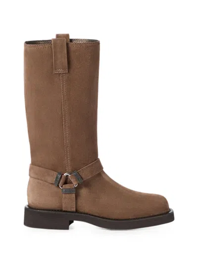 Brunello Cucinelli Suede Biker Boots With Shiny Loops In Brown