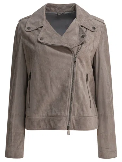 Brunello Cucinelli Suede Biker Jacket In Grey
