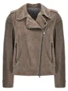 BRUNELLO CUCINELLI SUEDE BIKER JACKET CASUAL JACKETS, PARKA GRAY