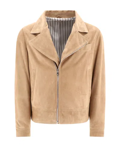 Brunello Cucinelli Suede Biker Suede Jacket In Neutral