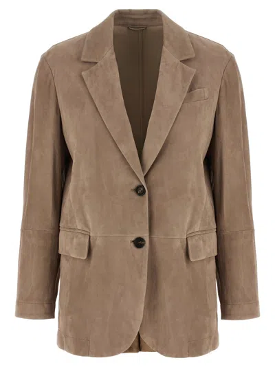 Brunello Cucinelli Suede Single Breasted Blazer Soft Tailoring In Brown