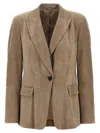 Brunello Cucinelli Suede Blazer With Flap Pockets And Notch Lapel In Beige