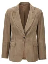 Brunello Cucinelli Suede Blazer With Flap Pockets And Notch Lapel In Beige