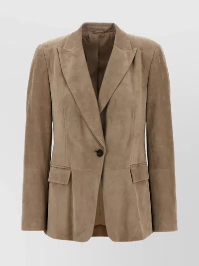 Brunello Cucinelli Suede Blazer With Flap Pockets And Notch Lapel In Brown
