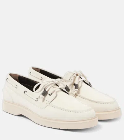Brunello Cucinelli Suede Boat Shoes In White
