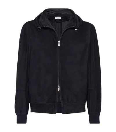 Brunello Cucinelli Suede Bomber Jacket In Blue