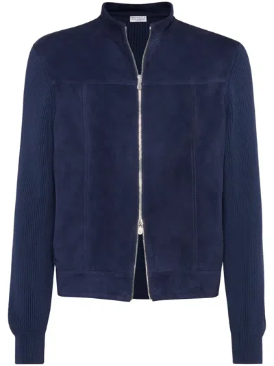 Brunello Cucinelli Suede Bomber Jacket In Blue