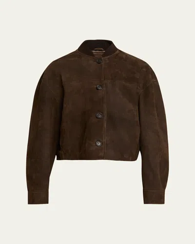 Brunello Cucinelli Suede Bomber Jacket In Brown