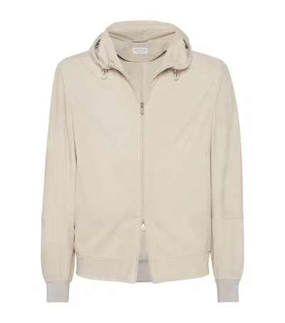 Brunello Cucinelli Suede Bomber Jacket In White