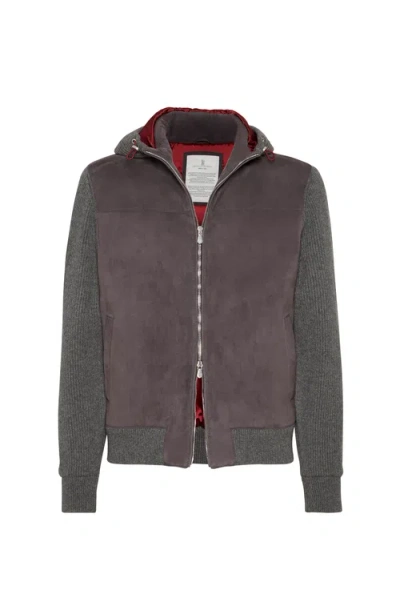 Brunello Cucinelli Suede Bomber Jacket With Quilting In Gray