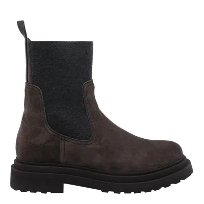 Brunello Cucinelli Suede Boot With Knitted Insert And Precious Loop Detail In Brown