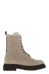 Brunello Cucinelli Suede Boot With Shearling Lining And Shiny Loop Detail In Neutral
