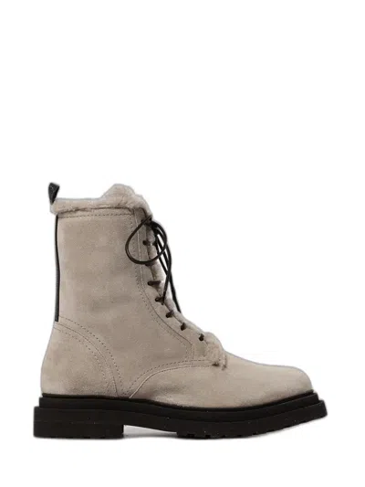 Brunello Cucinelli Suede Boot With Shearling Lining And Shiny Loop Detail In Gray