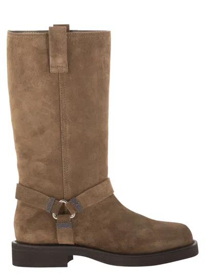 Brunello Cucinelli Suede Boots With Harness Strap And Ring Detail In Brown