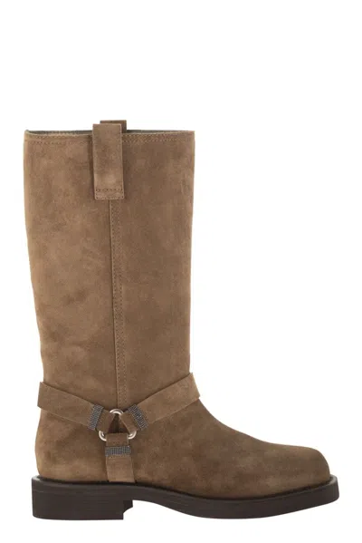 Brunello Cucinelli Suede Boots With Harness Strap And Ring Detail In Brown