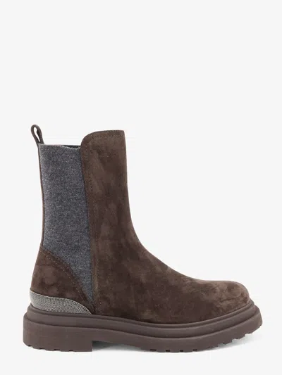 Brunello Cucinelli Monili Embellished Suede Ankle Boots In Brown