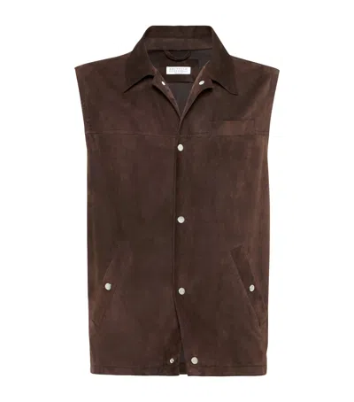 Brunello Cucinelli Suede Button-up Gilet In Brown