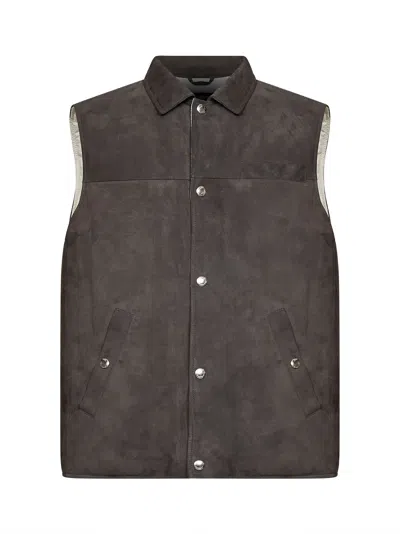 Brunello Cucinelli Suede Calf Leather Padded Vest In Brown