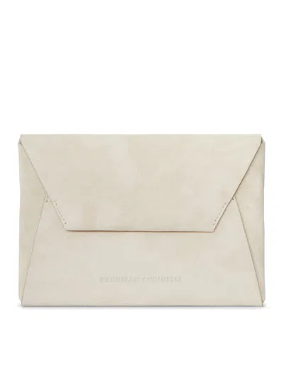 Brunello Cucinelli Suede Calfskin Clutch In White