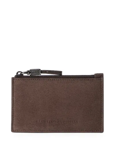 Brunello Cucinelli Suede Card Case With Shiny Zipper Pull In Brown