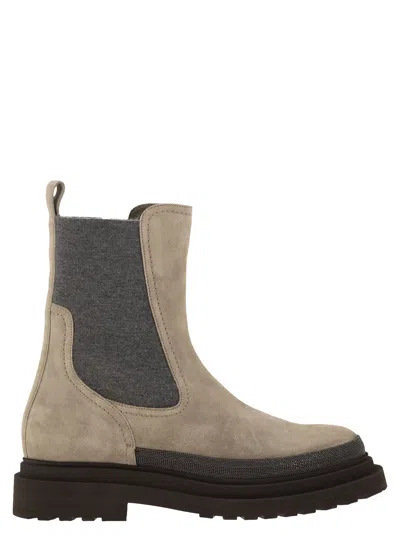 Brunello Cucinelli Suede Chelsea Boot With Precious Detail In Tan