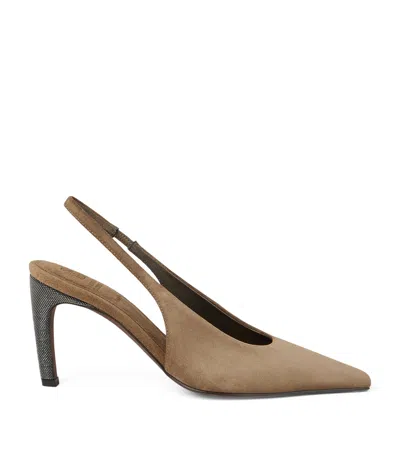 Brunello Cucinelli Suede City Slingback Heels 80 In Brown