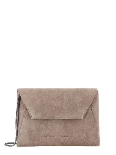 Brunello Cucinelli Soft Velour Leather Clutch Bag In Beige