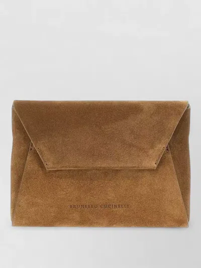 Brunello Cucinelli Suede Clutch Bag Jewel Detail Chain