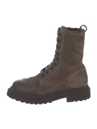 Pre-owned Brunello Cucinelli Suede Colorblock Pattern Combat Boots In Neutral