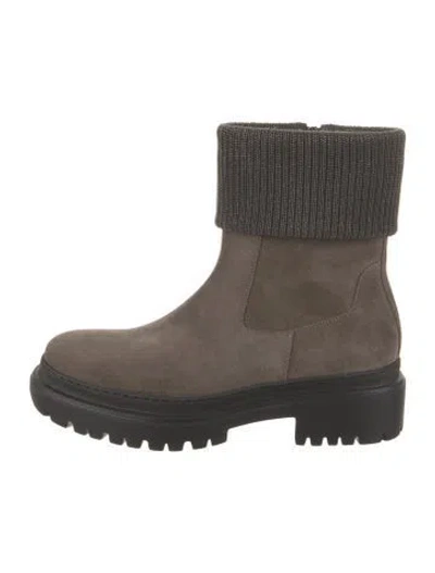 Pre-owned Brunello Cucinelli Suede Colorblock Pattern Moto Boots In Gray