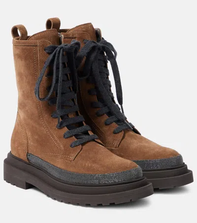 Brunello Cucinelli Suede Combat Boots In Grey