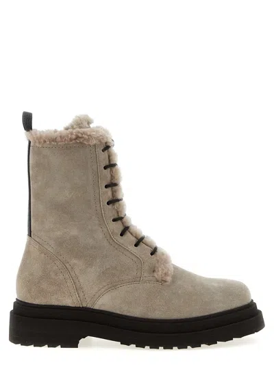 Brunello Cucinelli Suede Combat Boots Monile In Gray