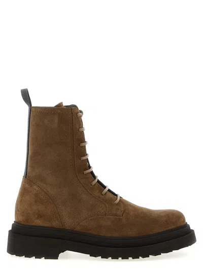 Brunello Cucinelli Suede Combat Boots Monile In Brown