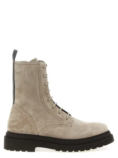 Brunello Cucinelli Suede Combat Boots Monile Boots And Ankle Boots Gray