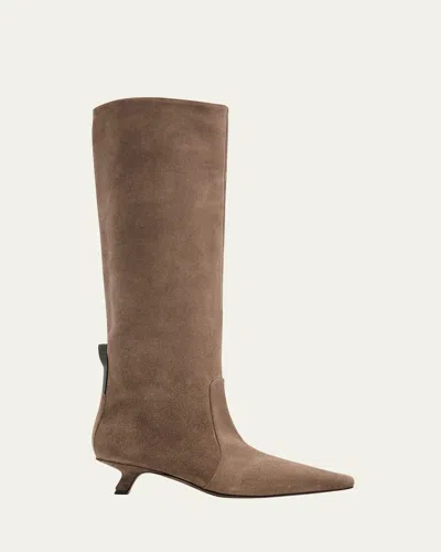 Brunello Cucinelli Suede Comma Heel Knee Boots In Brown
