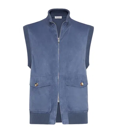 Brunello Cucinelli Suede-cotton Gilet In Blue
