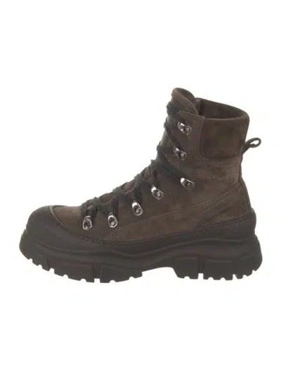 Pre-owned Brunello Cucinelli Suede Crystal Embellishments Combat Boots In Brown