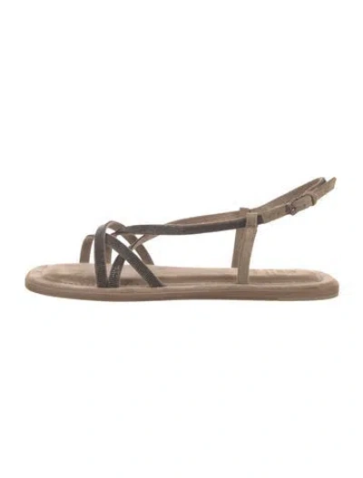Pre-owned Brunello Cucinelli Suede Crystal Embellishments Sandals In Brown