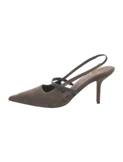Pre-owned Brunello Cucinelli Suede Crystal Embellishments Slingback Pumps In Brown