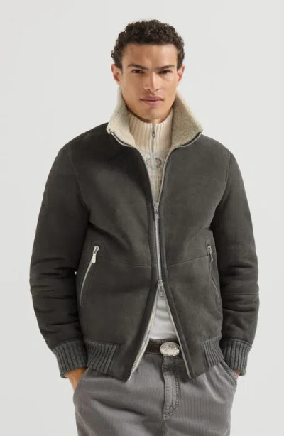 Brunello Cucinelli Suede Curly Shearling Bomber Jacket In Multi