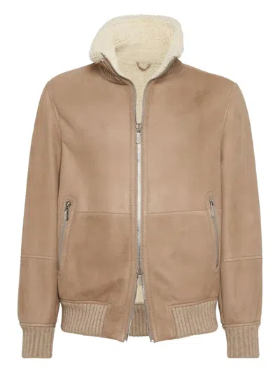 Brunello Cucinelli Suede Curly Shearling Bomber Jacket With Cashmere Knit Collar